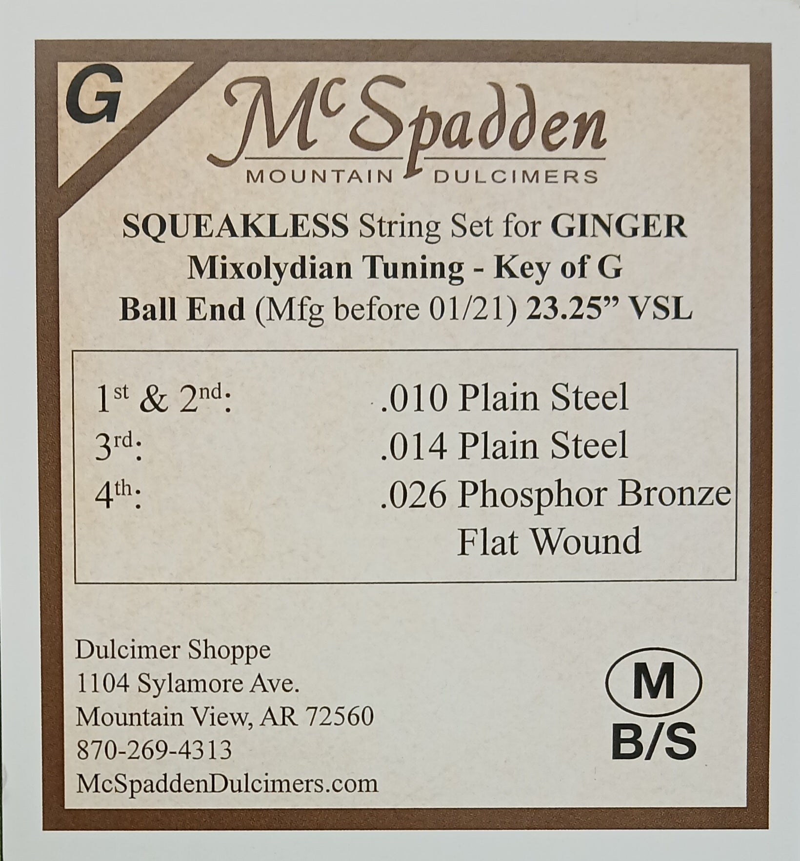 Label for Ginger Squeakless Key of G String Set BALL End for dulcimers. Features string types, gauges, and tuning in the key of G. Includes Dulcimer Shoppe contact info.