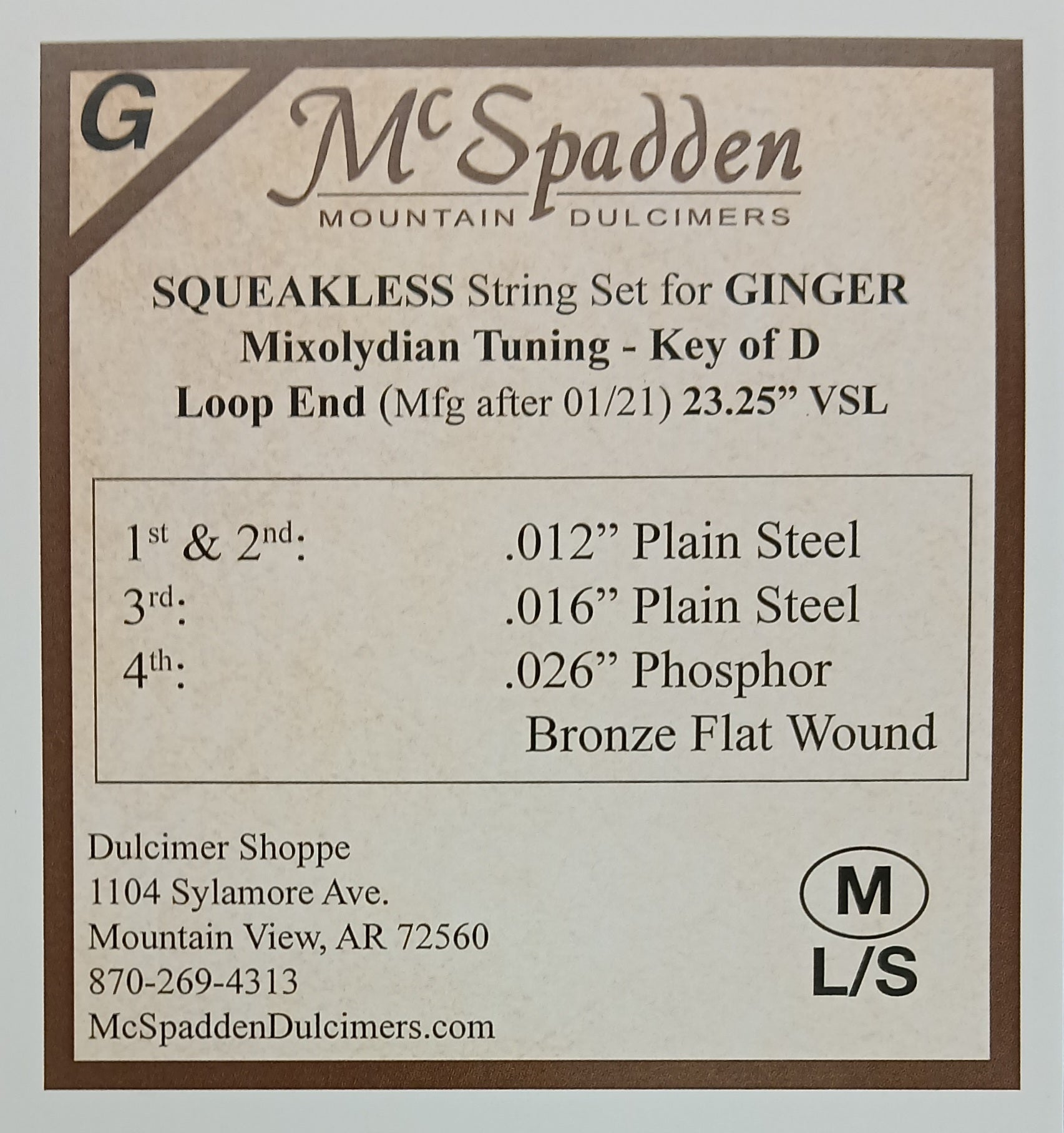 Packaging for Ginger Squeakless Key of D String Set LOOP End by McSpadden Mountain Dulcimers, showing specs for Flat Wound Squeakless strings in Mixolydian tuning. Includes contact info for Dulcimer Shoppe.