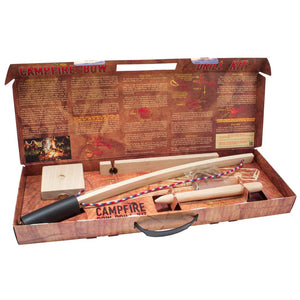 Open wooden box containing a Campfire Bow Drill Kit for starting fires, including spindle, fireboard, bearing block, and bow with instructions inside the lid.