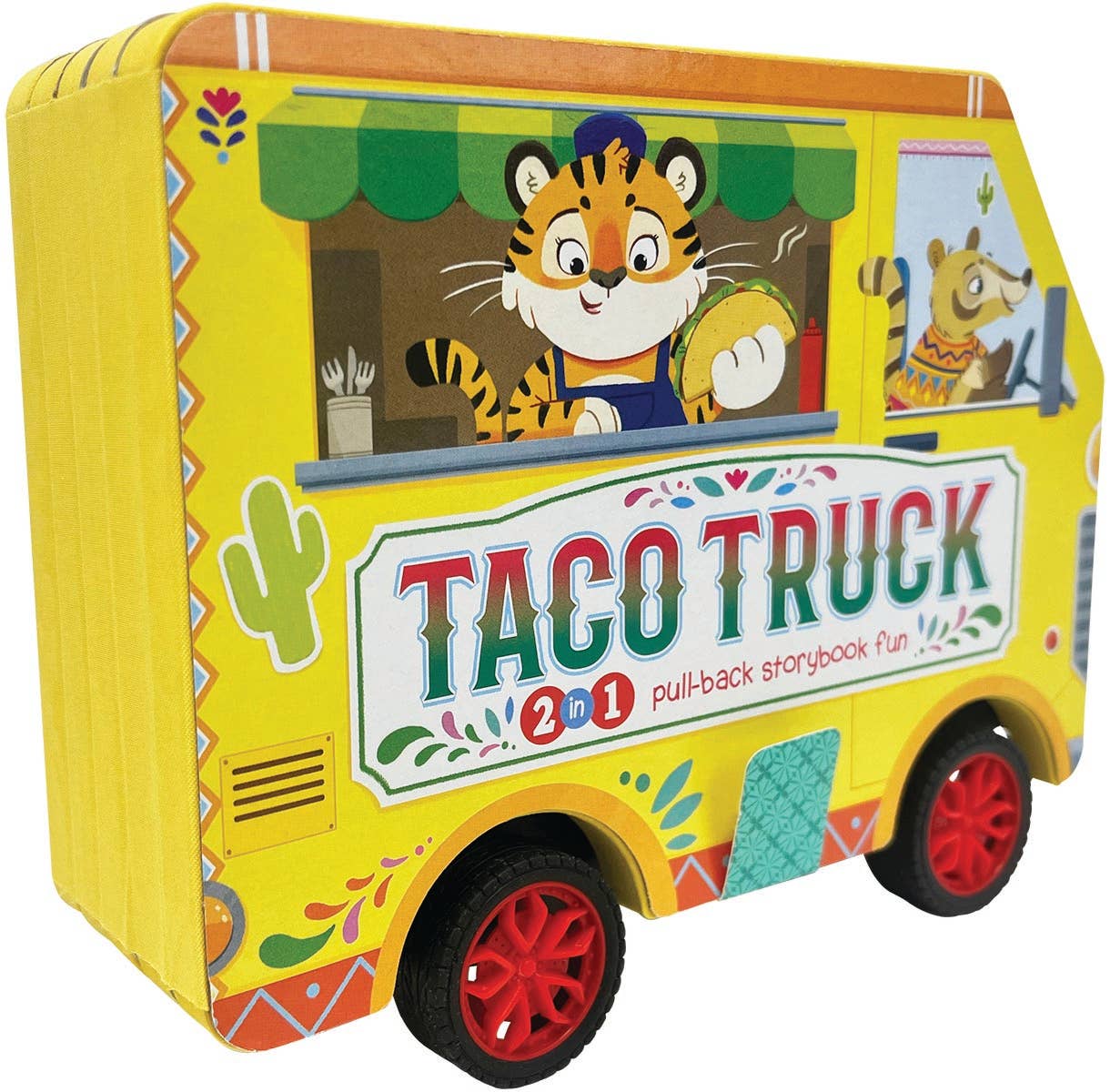 A vibrant yellow Taco Truck toy featuring a tiger character, promoting the "Tiger's Tacos 2-in-1 pull-back storybook fun." This playful truck boasts red wheels and delightful food illustrations, combining the thrill of a pull-back toy with the endearing appeal of a foam core book.