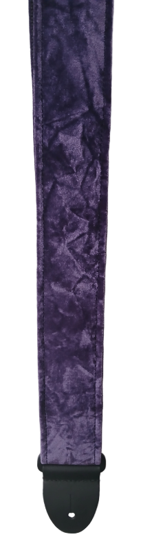A close-up of the Crushed Velvet Purple Strap with black leather ends, designed for guitars or as a stylish dulcimer strap, shown against a white background.