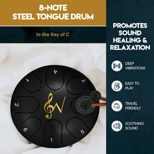 Image of a Steel Tongue Drum 6-Inch 8-Notes in the key of C. The black drum, adorned with musical notes, rests on a white surface. Accompanied by text stating it promotes sound healing and relaxation.