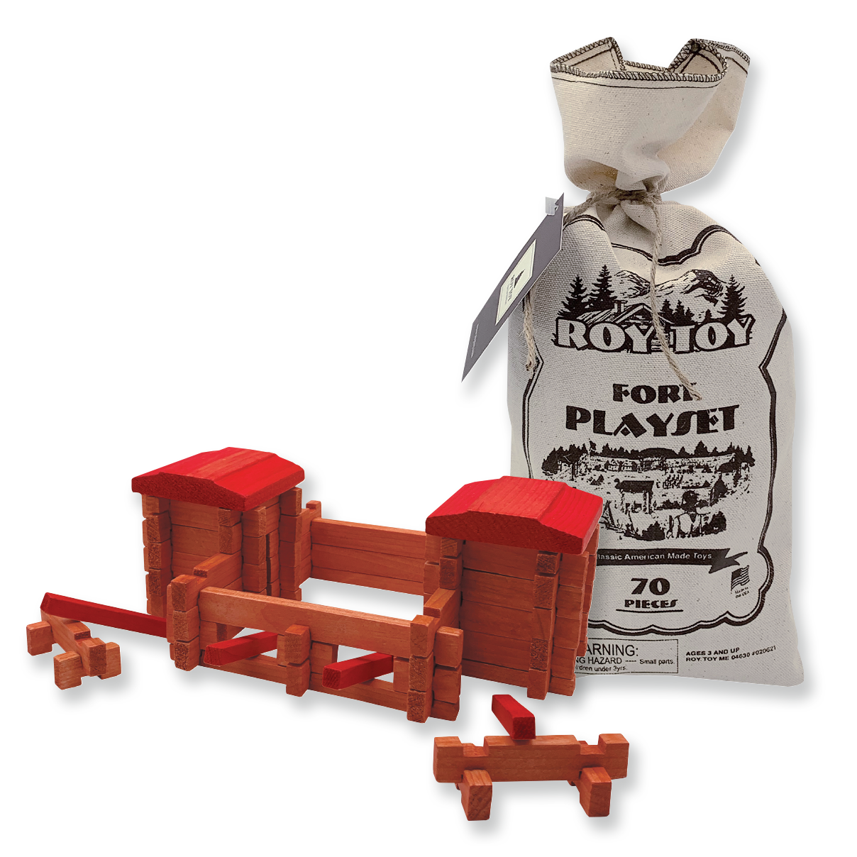 A wooden fort playset with red and brown all-wood pieces is partially assembled in front of a Roy Toy Fort Canvas Bag. The bag, labeled "Roy Toy Fort Canvas Bag," contains additional components for this educational toy.