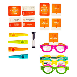 A set of glasses, a whistle, and other items perfect for a fun-filled Family Game Night. Play exciting games like Who Am I and Kazoo That Tune with these items!