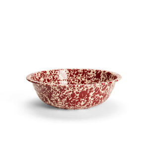 A Splatterware - Enamelware Small Basin, 4 qt and 12.25 inches in diameter, featuring a red and white speckled design with a porcelain finish, placed on a plain white background.