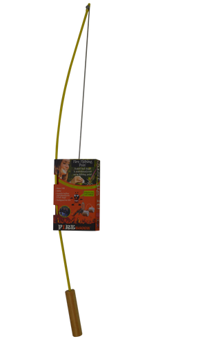 The Fire Fishing Pole is a cat toy featuring a wooden handle, long yellow flexible rod, and string, shaped like a mini fishing pole roasting stick. It comes in an orange and black cardboard display.