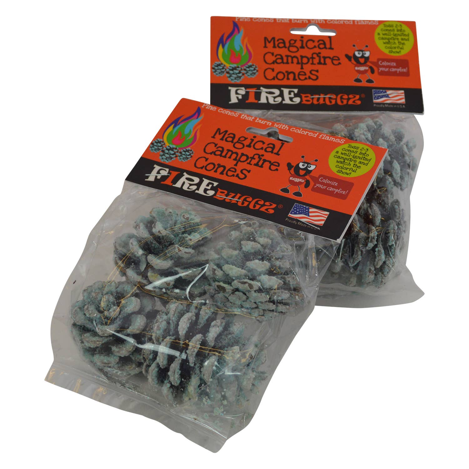 Two packages of Magical Campfire Cones, containing colored pine cones for creating vibrant flames in a campfire, made in Wisconsin.