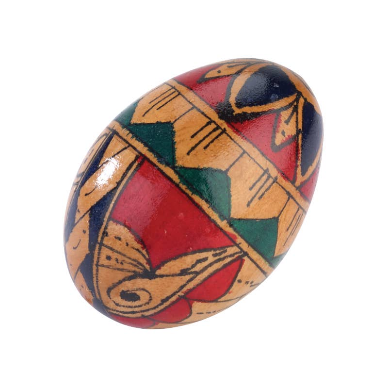 The Painted Egg Shaker is a decorative wooden egg adorned with intricate geometric and floral patterns in vibrant red, green, black, and yellow—an ideal addition to any music lover's collection.