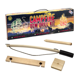 A Campfire Bow Drill Kit packaging with components displayed, including a bow, spindle, fireboard, and bearing block.