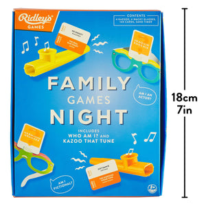 A blue box with white text and yellow objects on it, perfect for Family Game Night.