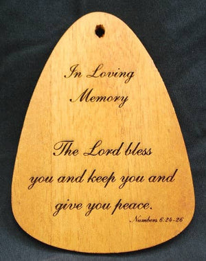 A custom laser engraved wooden plaque made from American redwood, featuring the In Loving Memory® Silver 18-inch Windchime. This elegant plaque serves as a beautiful tribute, reminding us of the Lord's blessings and