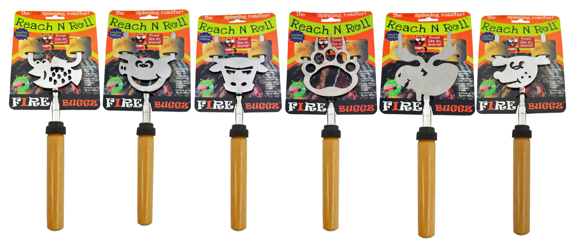 Five Combo Displays - Corrugated bug-themed hand grabbers with fire, bugs, and paw print designs on the corrugated display, displayed in a row.