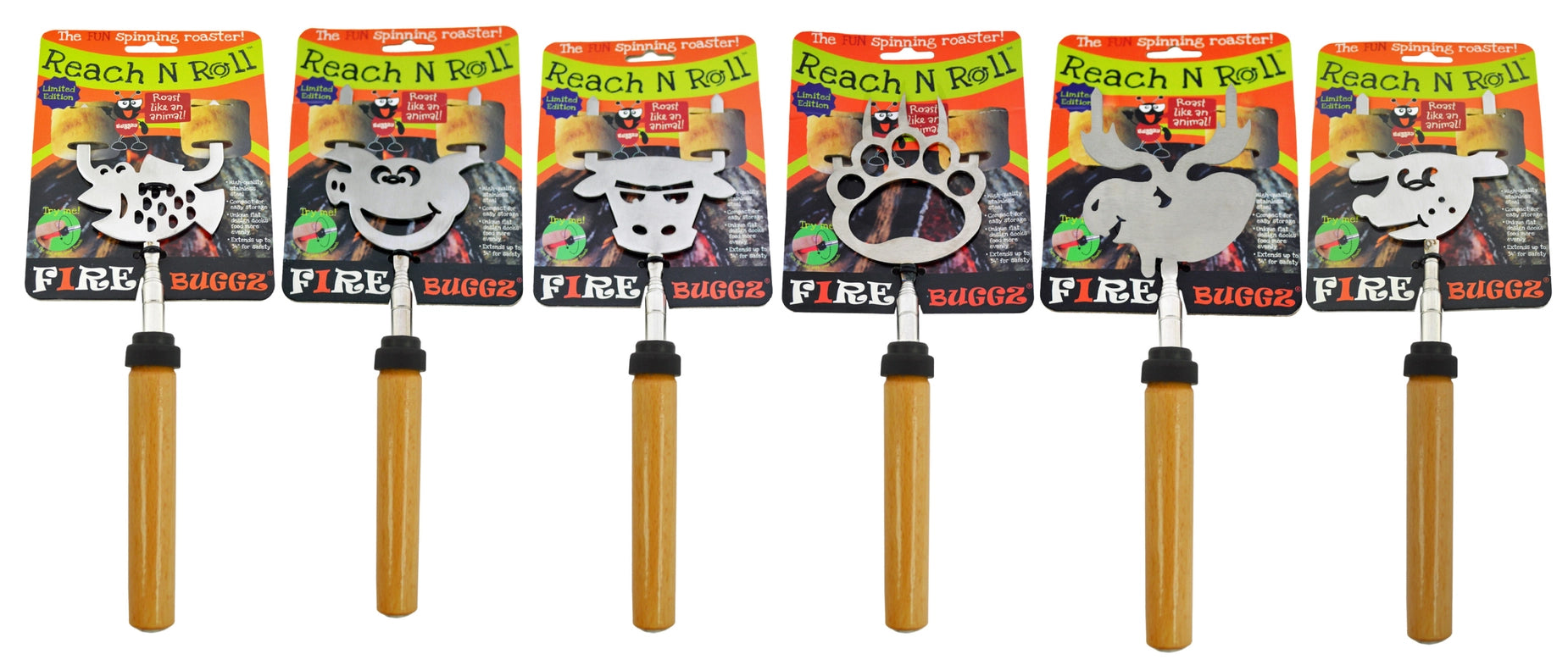 Five "Animal Roaster" children's toy grabbers with animal designs on package, arranged in a row on a white background.