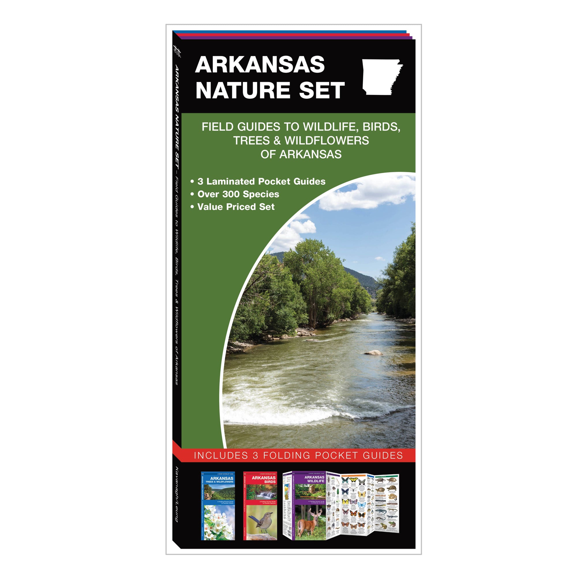 Advertisement for Arkansas Nature Set featuring images of birds, trees, and wildflowers with a background photo of a river landscape. Includes details of 3 laminated pocket guides showcasing birds, wildflowers.