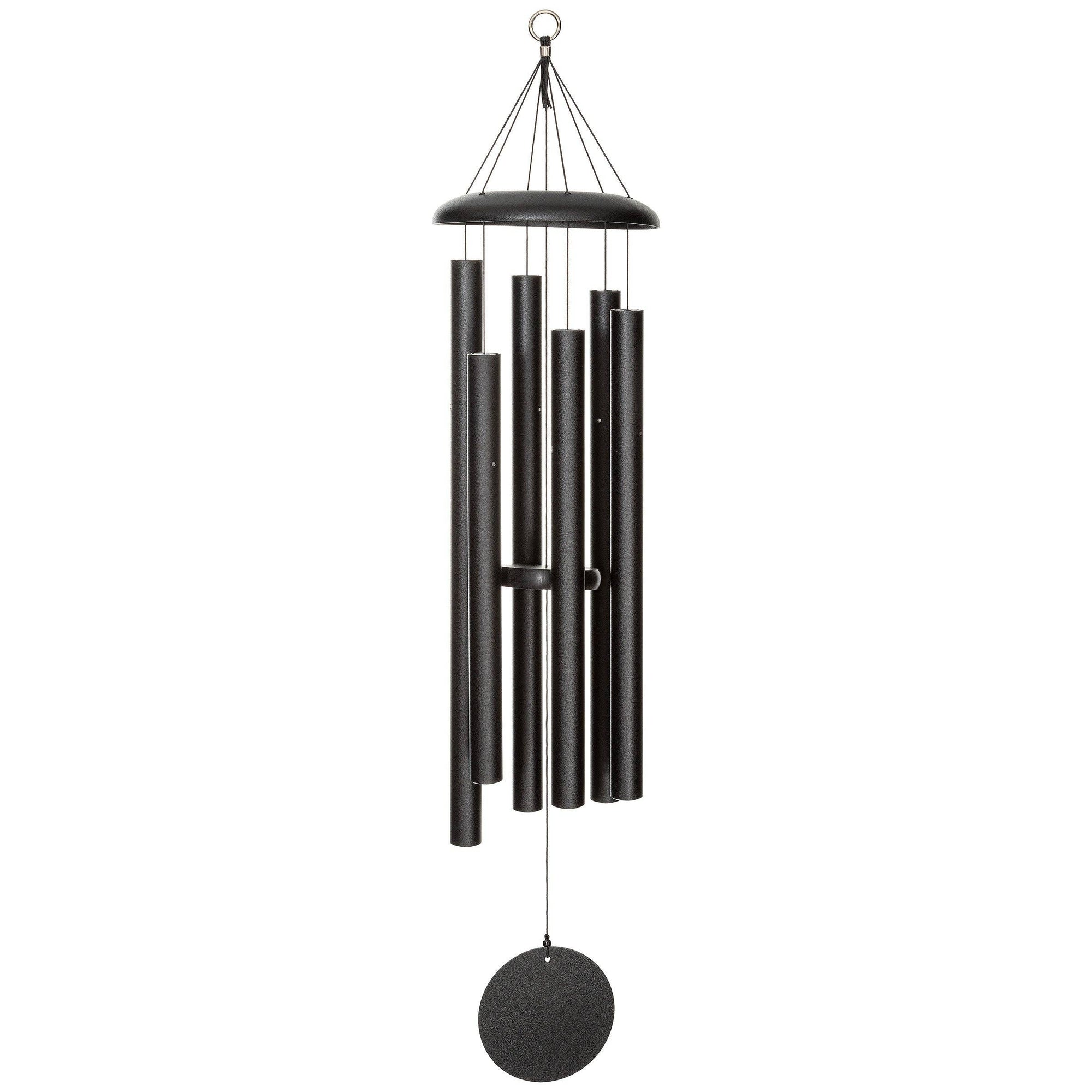 Image of a Corinthian Bells® 44-inch Windchime in black metal, featuring cylindrical tubes of varying lengths and a circular wind catcher at the bottom, adding depth and flair to any space.