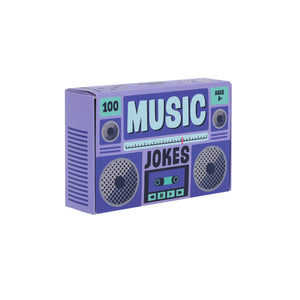 A purple box with speakers, perfect for the music lover. It features text and cassette-style cards filled with 100 Music Jokes.