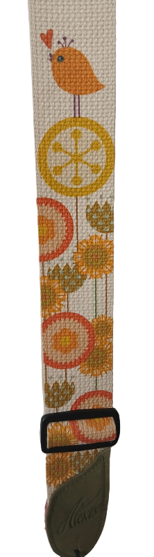 The Bird Flower Guitar Strap features orange and yellow flower patterns, a small orange bird near the top, sturdy metal buckle, and leather end—perfect for guitars with notches or as a stylish dulcimer strap.