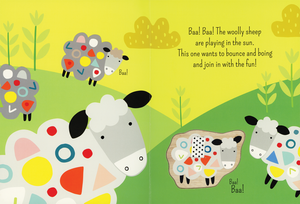 Illustration of colorful sheep with geometric patterns on a green hillside. Text reads: "Baa! Baa! The woolly farm animals are playing in the sun. This one wants to bounce and boing and join in with the fun!" Great for developing hand-eye coordination and fine motor skills with Farm, My First Tag Puzzle.