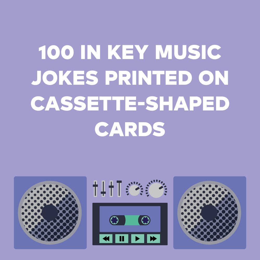 A group of 100 Music Jokes cassette-style cards for music lovers to enjoy music jokes with a portable cassette player.