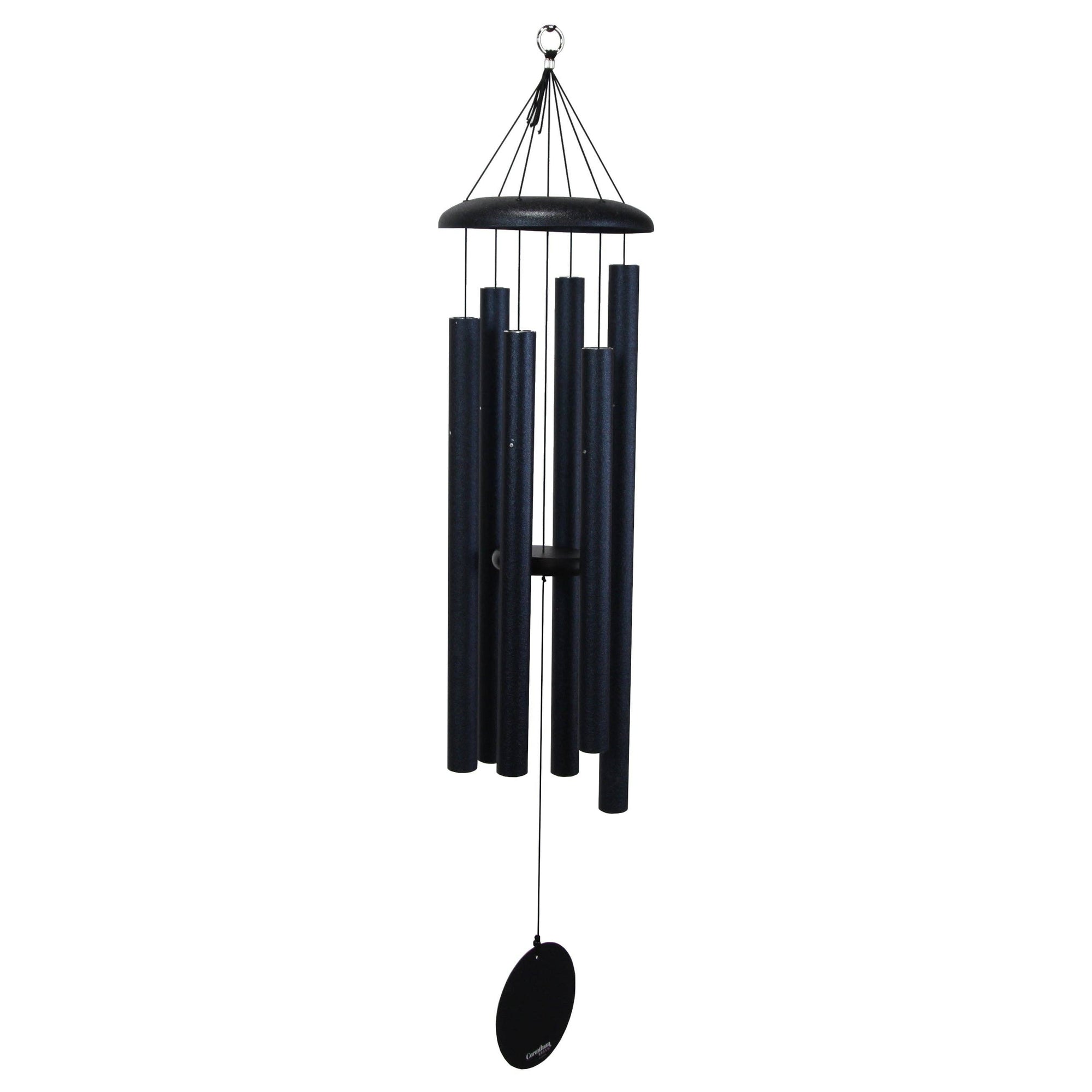 The Corinthian Bells® 44-inch Windchime features a sleek black design with multiple cylindrical tubes suspended from a circular top, perfect for adding depth and flair to your outdoor space.