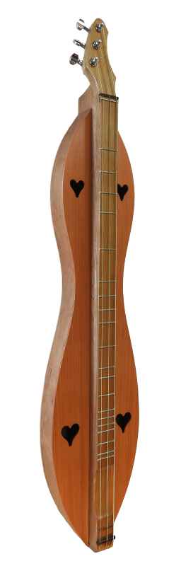 The McSpadden 3 String Bass, Flathead, Hourglass Dulcimer boasts cherry back and sides with a redwood top, heart-shaped sound holes, and tuning pegs at the top. A true musical treasure.