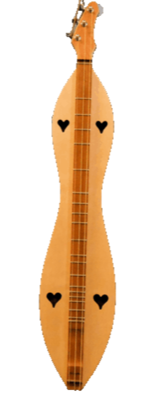 A 3FHCS handcrafted 3-string bass dulcimer with a flathead, hourglass shape, cherry back and sides, and spruce top is viewed from above on a plain background.
