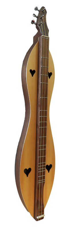 The 3FHWS is a hand-crafted 3 string bass dulcimer with an hourglass shape, featuring a walnut back and sides, spruce top, and flathead design.