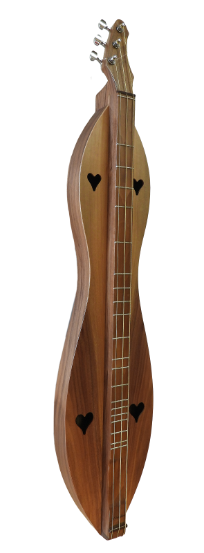 A side view of the handcrafted 3 String Bass, Flathead, Hourglass dulcimer with heart-shaped sound holes reveals its walnut back, sides, and top showcasing the artisan's attention to detail.