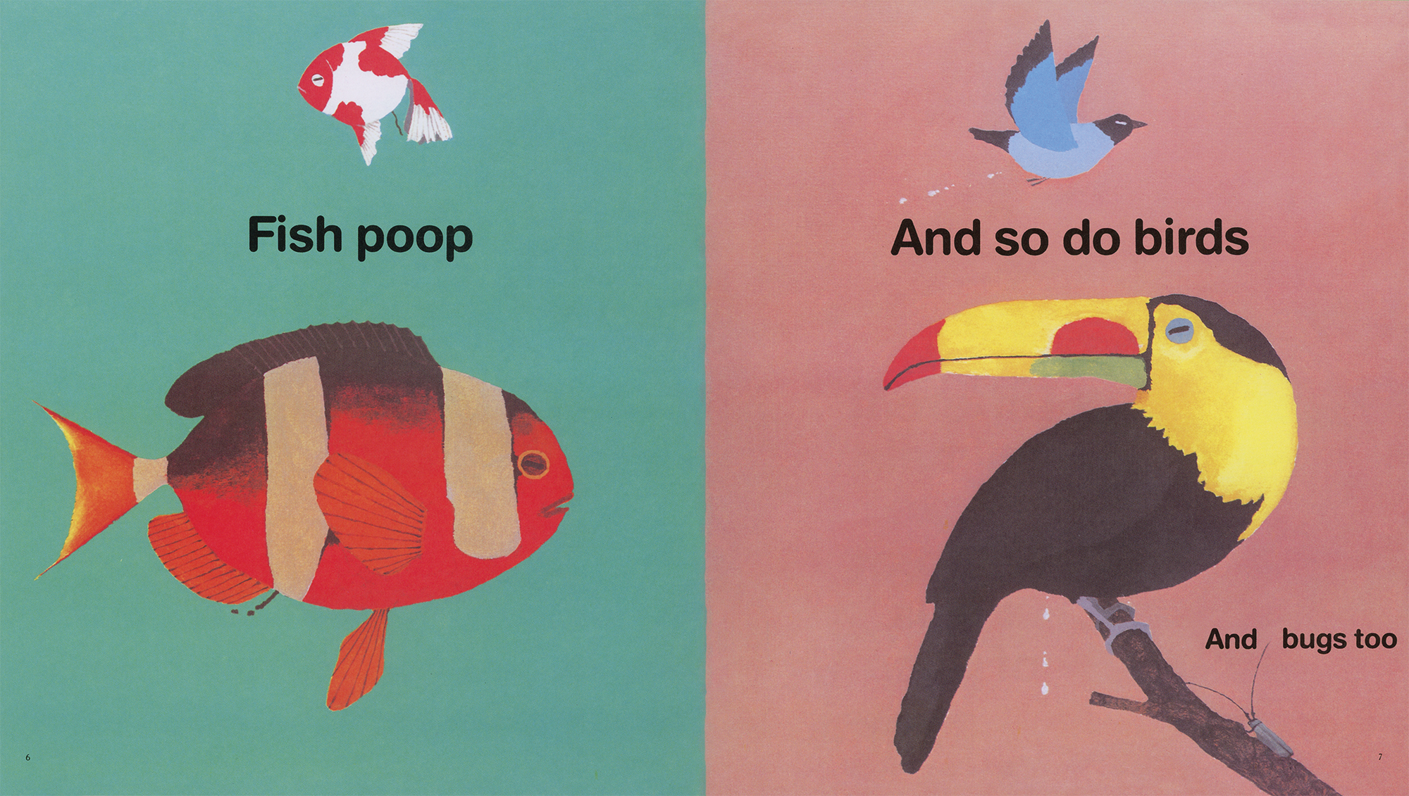 Illustration of a fish on the left with text "Fish poop" and a bird on the right with text "And so do birds" and "And bugs too." This age-appropriate, informative illustration makes *Everyone Poops* a toddler classic.