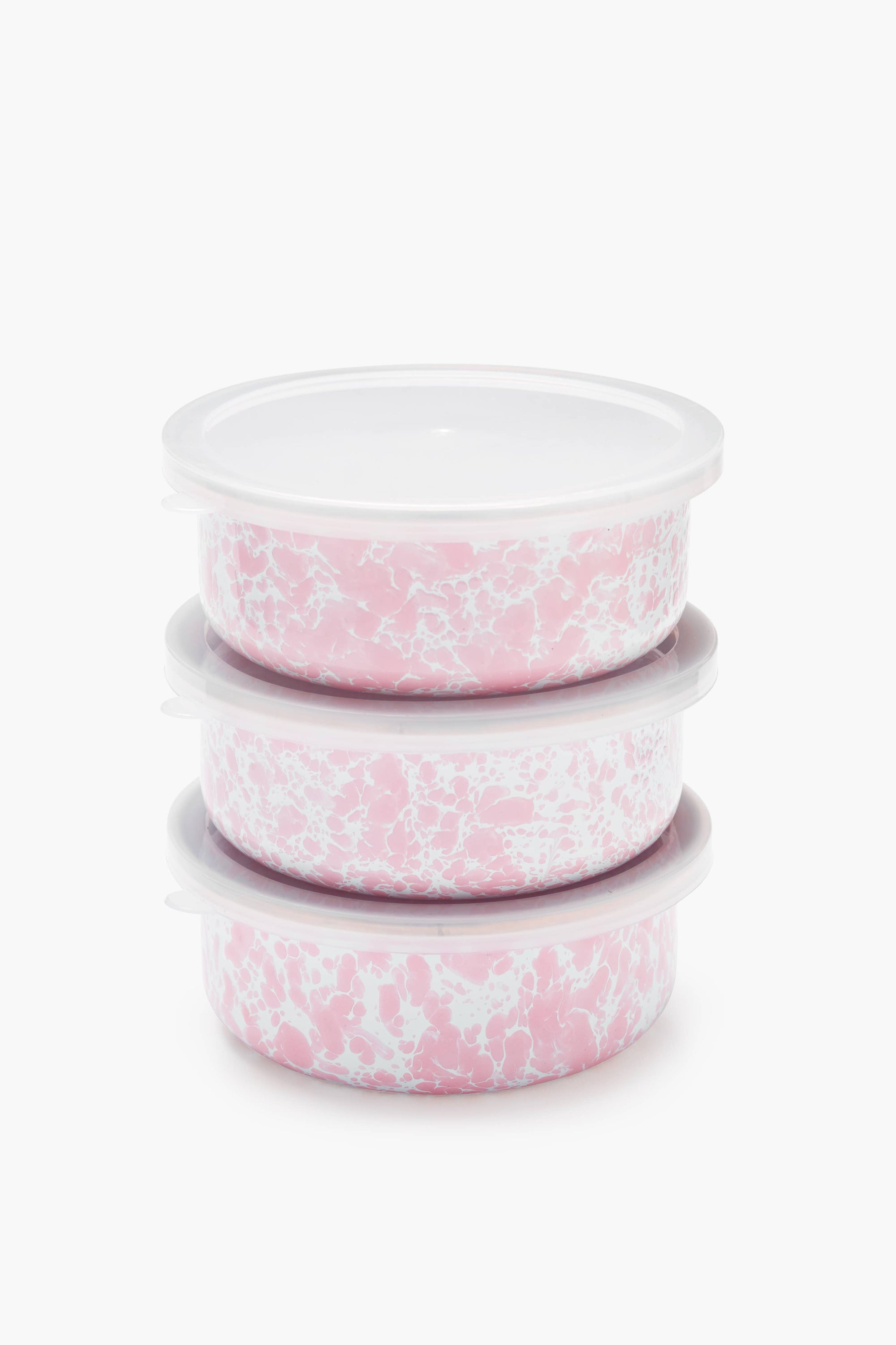 Three 14oz pink and white marbled containers from the Splatter Enamelware 3-pc Storage Bowl Set, each featuring a white lid, are stacked on top of each other. Perfect for adding a touch of charm to your colorful enamelware collection or when entertaining a crowd.