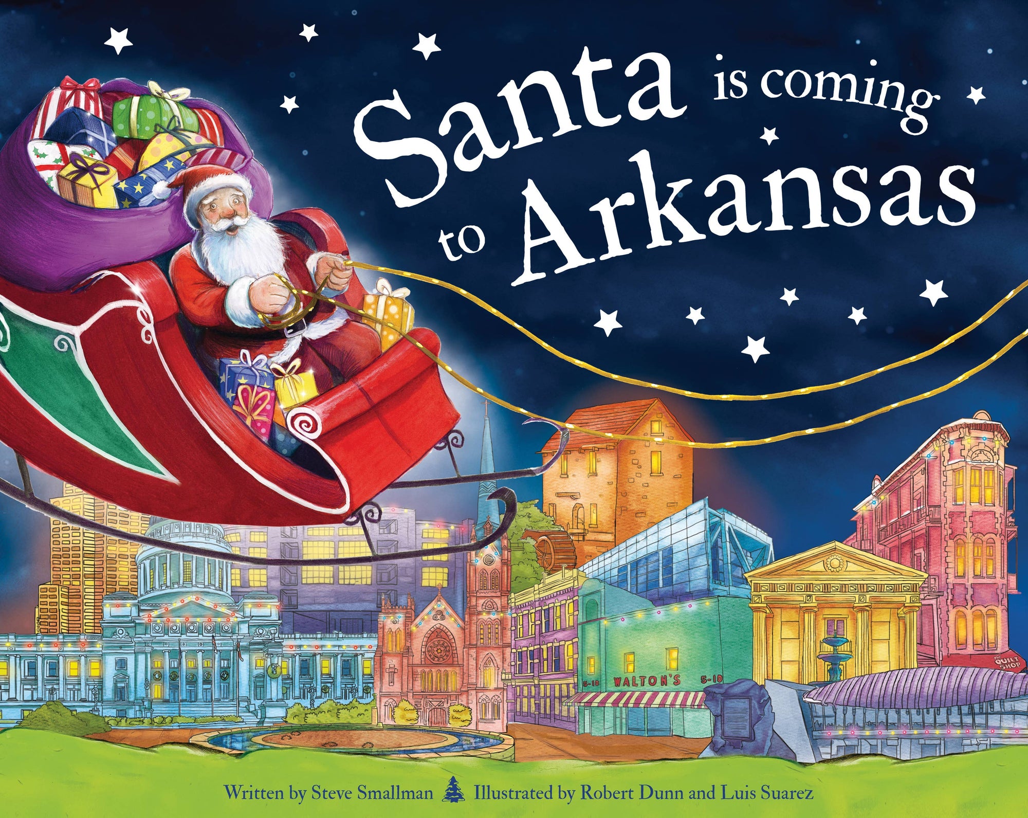 Illustration of Santa Claus riding a sleigh above a colorful, festive cityscape with the headline "Santa is Coming to Arkansas (HC)" and a starry night sky in the background, reminiscent of scenes from a charming Christmas picture book.