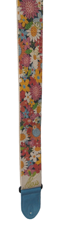 Floral patterned guitar strap with blue end piece on a white background
