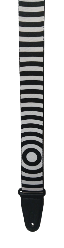 The Black and White Striped Guitar Strap features bold horizontal stripes and concentric circles, making it a perfect accessory to add striking style to your guitar or dulcimer.