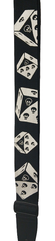 Black guitar strap with skull dice pattern on a black background
