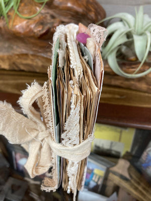 A stack of Mrs. Pat's Junk Journals sits on a table next to a plant in Mountain View.