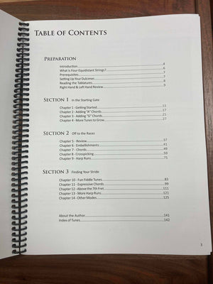 The Essential Four String Dulcimer by Mark Tindle is spiral-bound and opens to a table of contents that lists sections on preparation, starting, progressions, techniques, tunings (including D-A-D-D tuning for the four-string mountain dulcimer), and advice for advancement, with page numbers for each subsection.