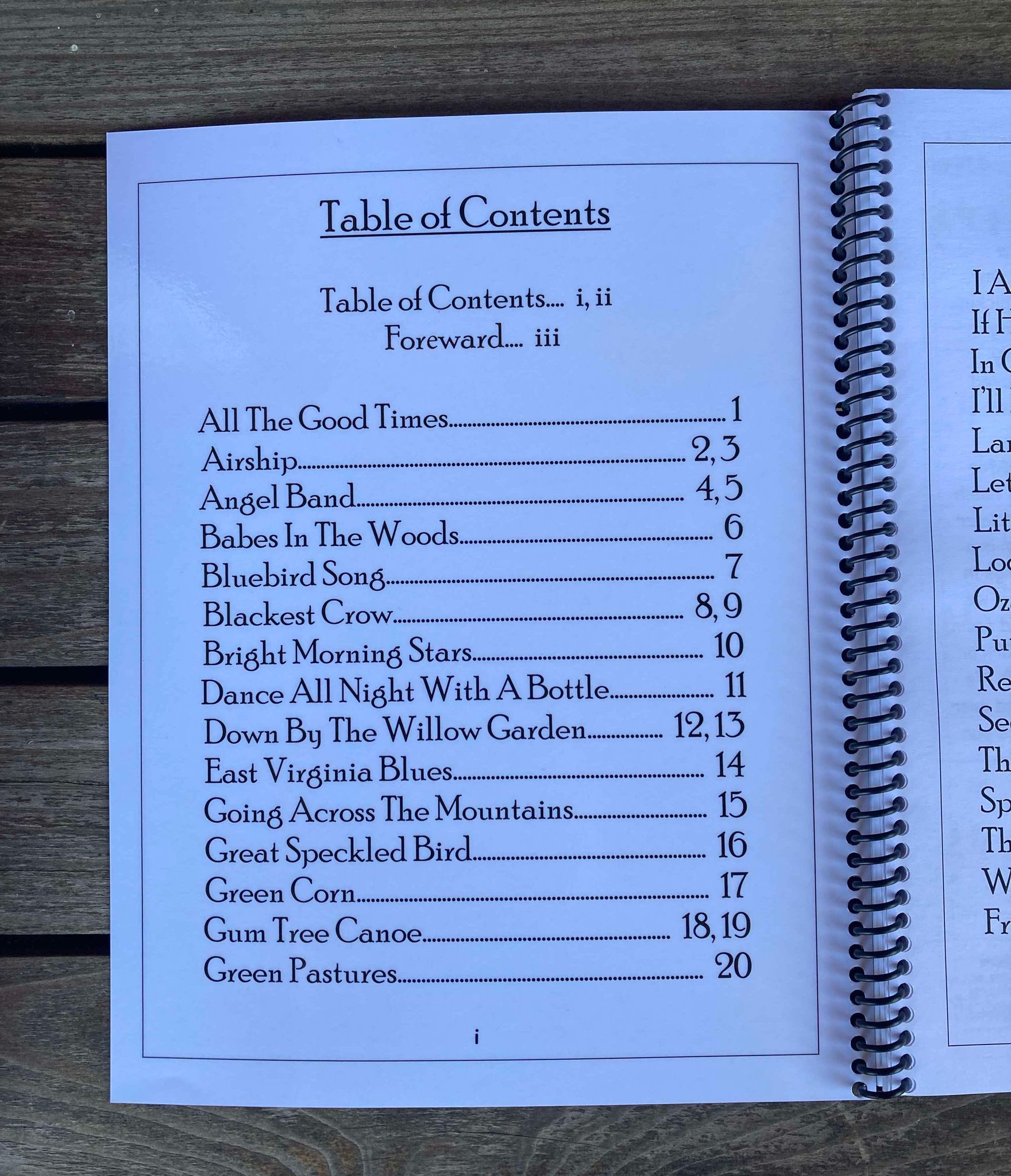 A spiral-bound book open to the Table of Contents page, listing chapter titles like "Mountain View Treasures - by Red Dog Jam" and "Songs We Learned in Mountain View," with corresponding page numbers from 1 to 19.