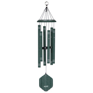 A 32" Windchime Arabesque® wind chime with a green design hanging on a white background, producing high-quality sound.