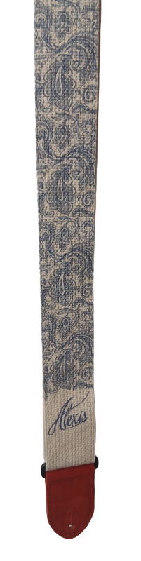 The Blue Paisley Guitar Strap features an intricate paisley pattern on beige, brown leather tip, and "Alexis" in blue cursive. Ideal for guitar or dulcimer players seeking style and comfort.
