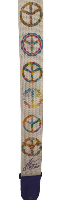 The Peace Sign Guitar Strap is a woven beige strap with colorful symbols, a peace sign, "Alexis" embroidered near the end, and finished with a purple leather tip.