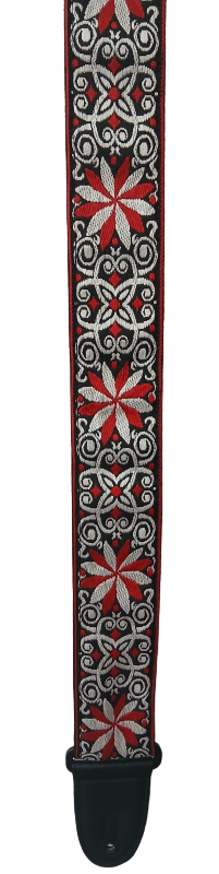 The Red Hootenanny Guitar Strap features a black, red, and white geometric floral pattern with a black leather end, adding stylish flair to your setup.