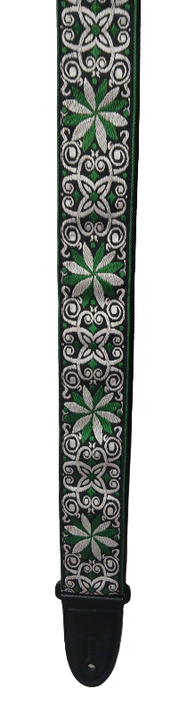 The Green Hootenanny Guitar Strap features a green, black, and white geometric floral pattern with a black leather end piece—ideal for adding style to any performance.