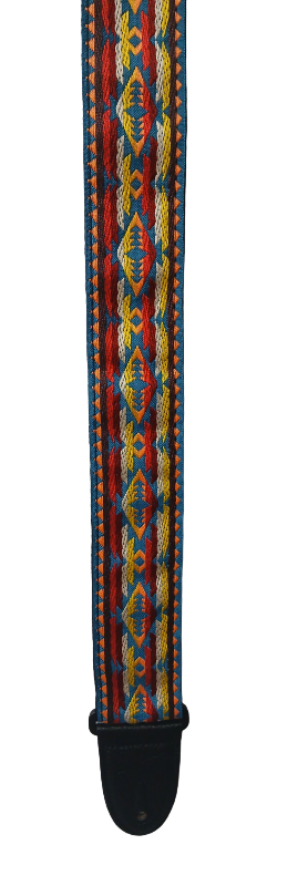 The Red Yellow & Blue Hootenanny Guitar Strap features a vibrant Southwestern geometric pattern in red, blue, yellow, and orange with a black leather end piece.
