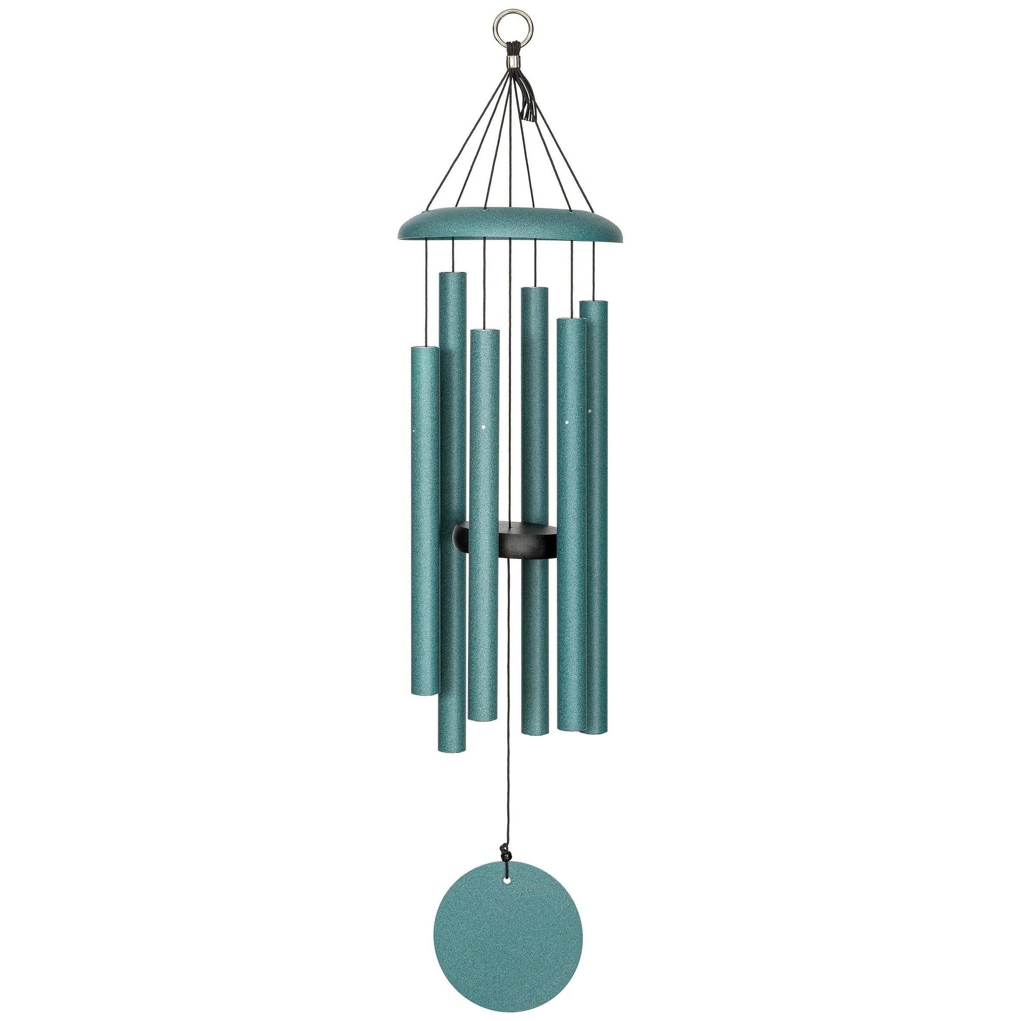 A Corinthian Bells® 30-inch wind chime hanging on a white background, perfect for a small patio or balcony.