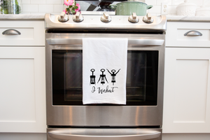 A wine-lover's I Workout Tea Towel with the word happy on it.