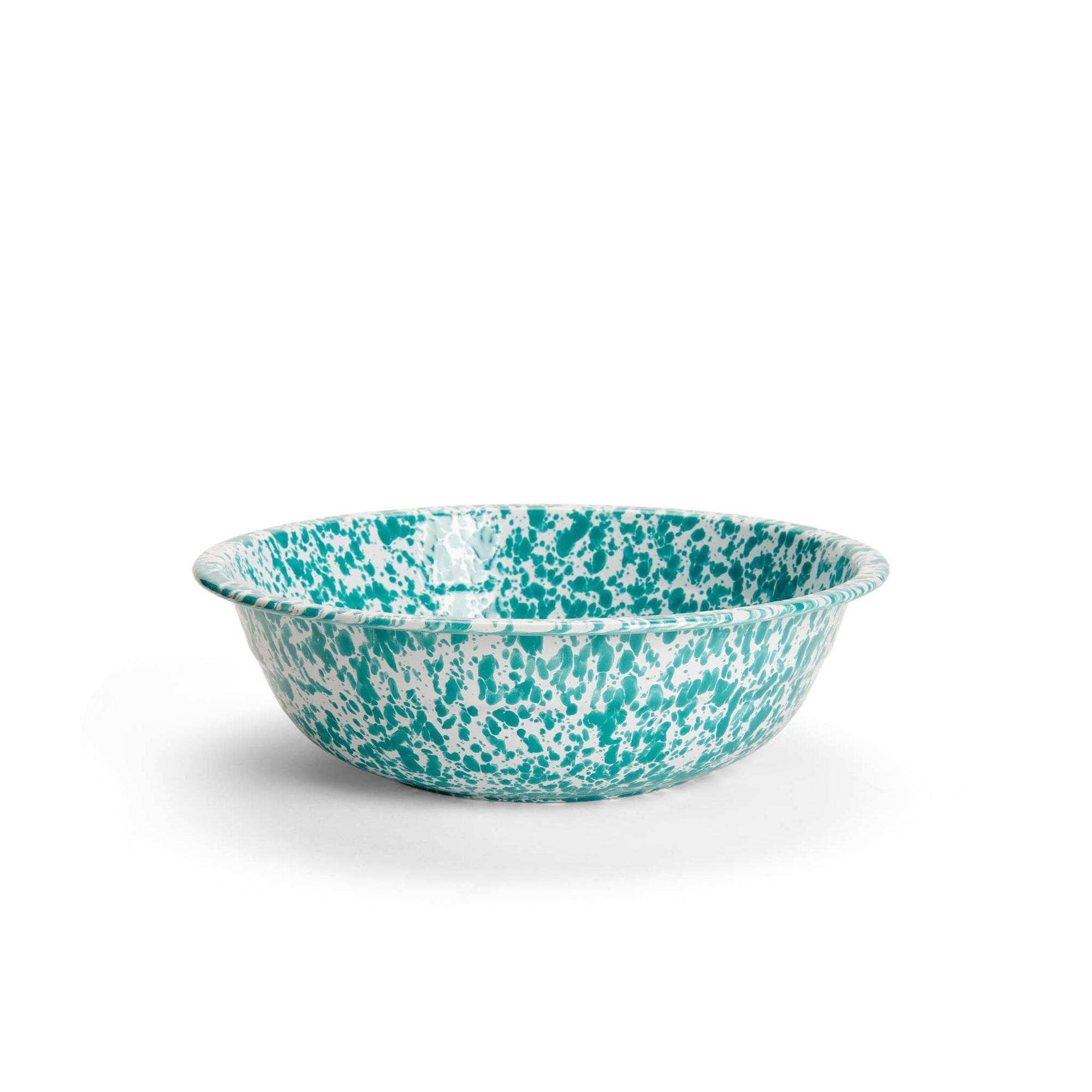 A white and turquoise speckled Enamelware small basin with a wide rim and a porcelain finish on a white background.