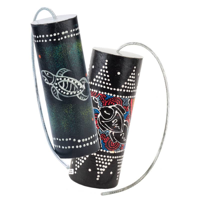 Two Thunder Drums featuring beautifully painted designs, one with a turtle and the other with fish, both adorned with decorative dot patterns and strings attached. These exquisite pieces are crafted by Benjamin International, adding a touch of art to this traditional musical instrument.