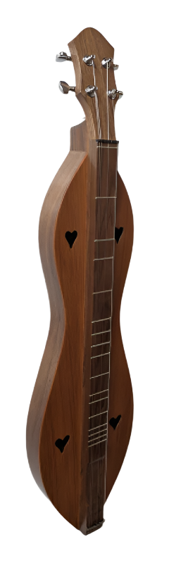 A 4 String Ginger, Flathead Hourglass dulcimer (Walnut back/sides, Redwood top) photographed against a white textured background. Features heart-shaped sound holes, metal tuning pegs, and includes a Lifetime Warranty.