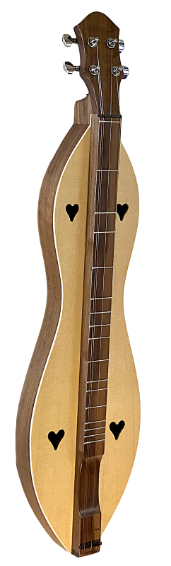 The 4 String Ginger, Flathead, Hourglass (4FGWS) features a walnut back and sides, spruce top, four tuning pegs, and heart-shaped sound holes—an ideal dulcimer for beginners.