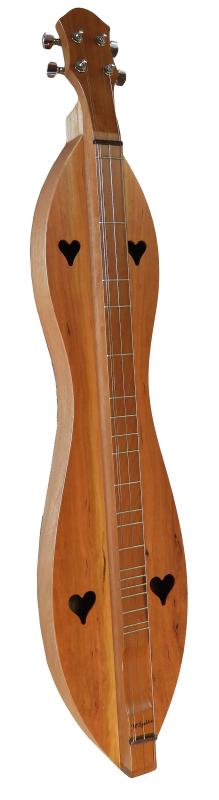 The 26" 4FH26CC, a handcrafted instrument similar to a mountain dulcimer, has heart-shaped sound holes and a long neck with tuning pegs. Like the renowned McSpadden dulcimer, it features cherry back, sides, and top for exceptional quality and includes a Lifetime Warranty.